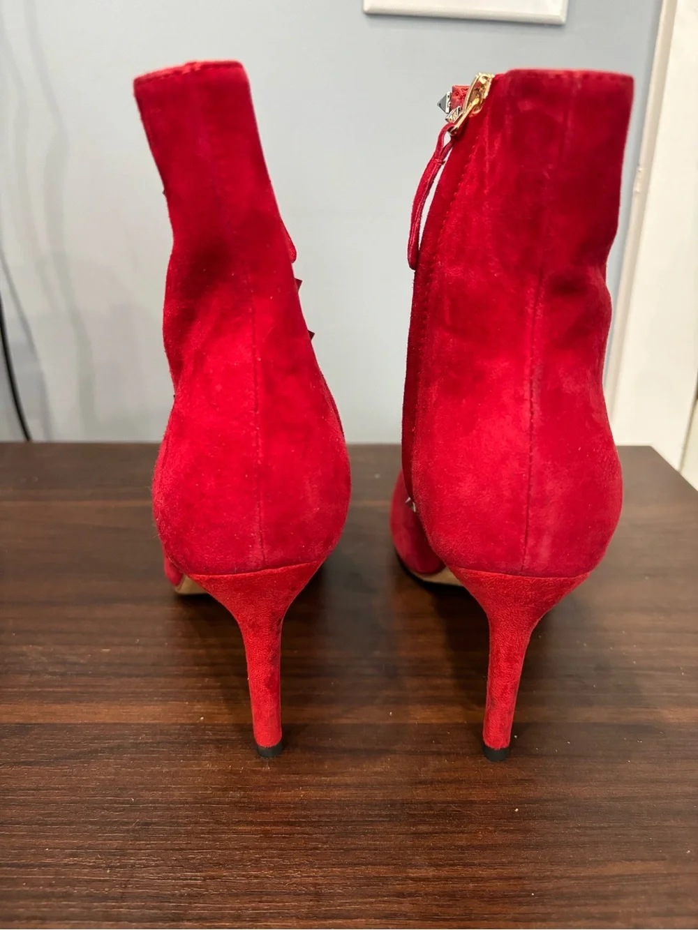 Valentino Garavani Red Suede Pyramid-Stud Ankle Boots